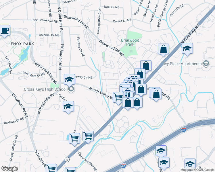 map of restaurants, bars, coffee shops, grocery stores, and more near 2069 Coosawattee Drive Northeast in Atlanta