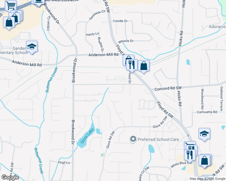 map of restaurants, bars, coffee shops, grocery stores, and more near 1118 Hibiscus Way Southwest in Mableton