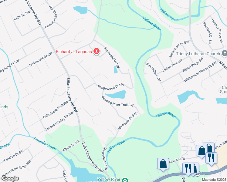 map of restaurants, bars, coffee shops, grocery stores, and more near 1699 Rangewood Drive Southwest in Lilburn