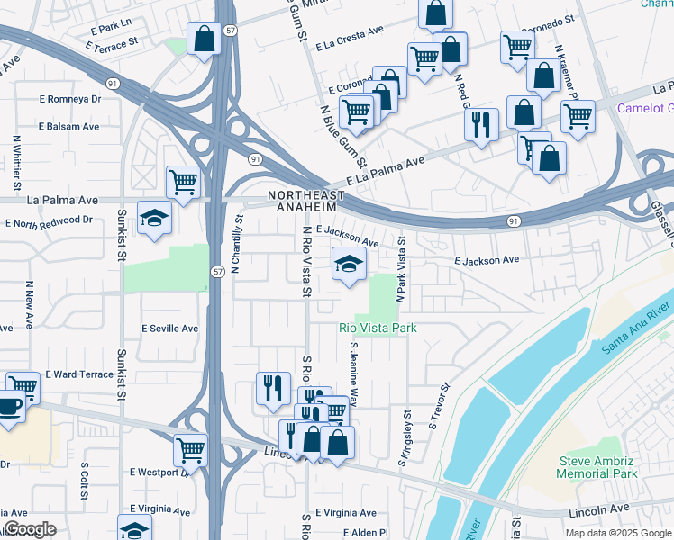 map of restaurants, bars, coffee shops, grocery stores, and more near 400 North Beth Street in Anaheim