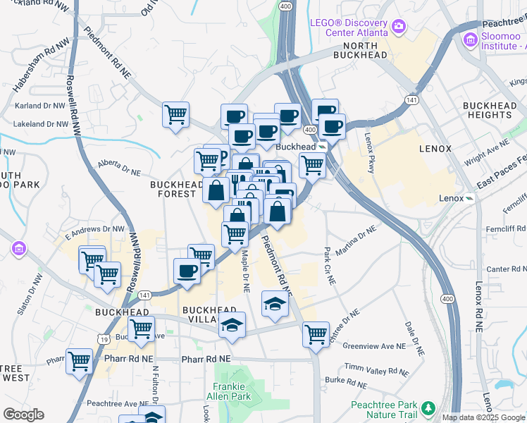 map of restaurants, bars, coffee shops, grocery stores, and more near 3280 Peachtree Road Northeast in Atlanta