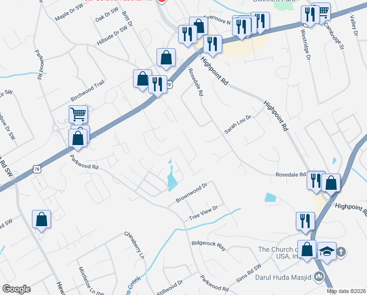 map of restaurants, bars, coffee shops, grocery stores, and more near 2295 Boone Court in Snellville