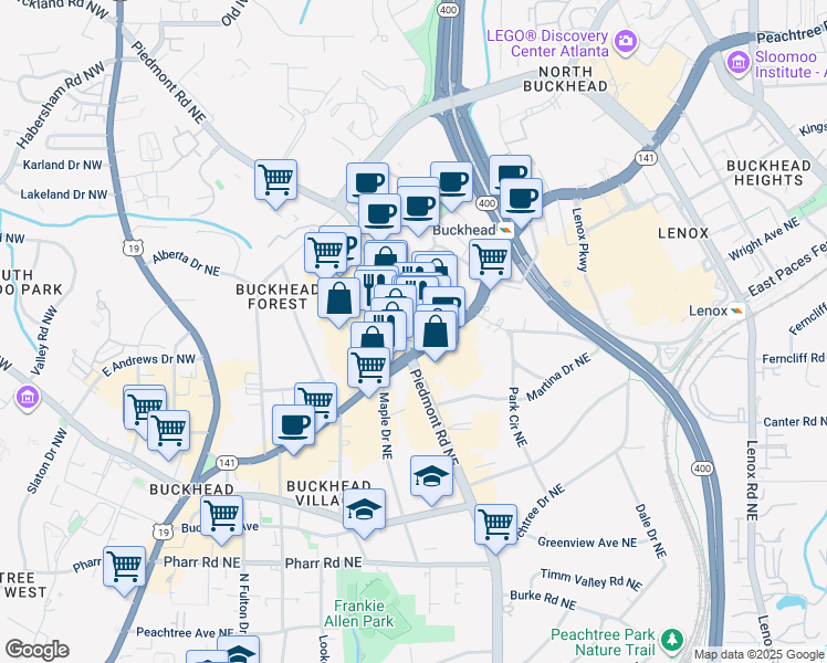 map of restaurants, bars, coffee shops, grocery stores, and more near 3280 Peachtree Road in Atlanta