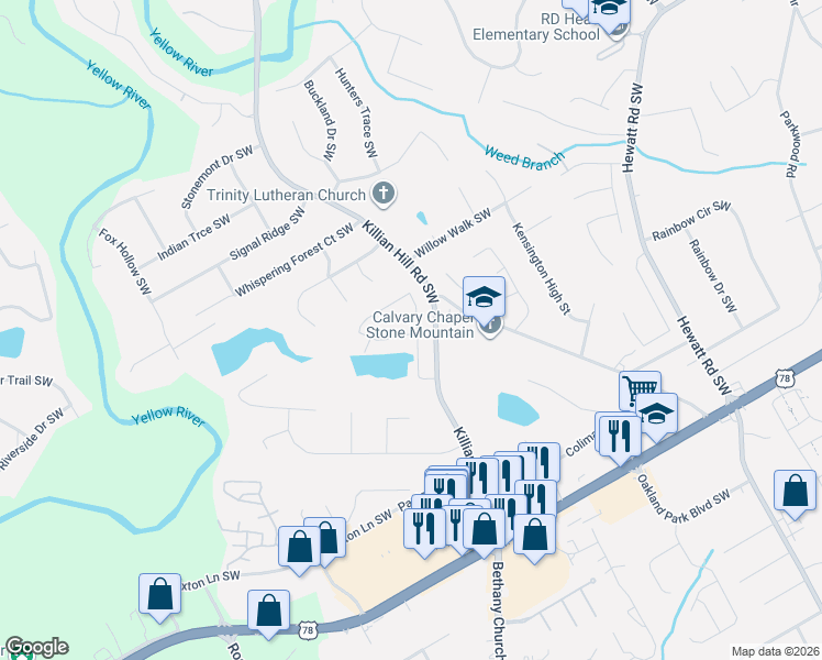 map of restaurants, bars, coffee shops, grocery stores, and more near 4113 Pond Edge Road Southwest in Snellville
