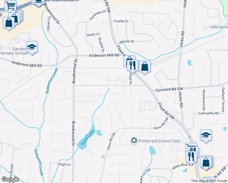 map of restaurants, bars, coffee shops, grocery stores, and more near 1118 Hibiscus Way Southwest in Mableton