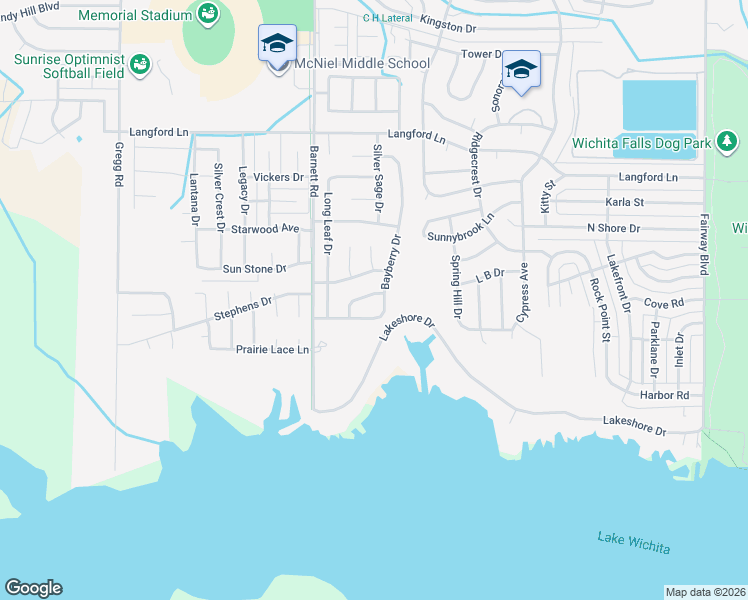 map of restaurants, bars, coffee shops, grocery stores, and more near 5305 PepperBush Drive in Wichita Falls