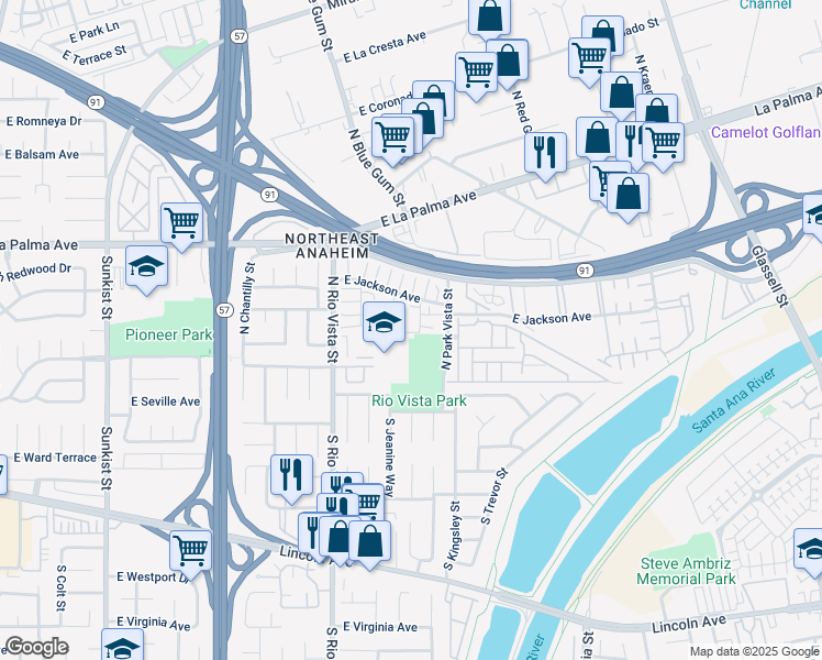 map of restaurants, bars, coffee shops, grocery stores, and more near 407 North Alice Way in Anaheim