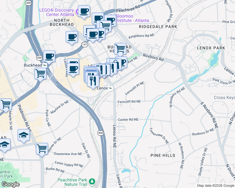 map of restaurants, bars, coffee shops, grocery stores, and more near 3275 Lenox Road Northeast in Atlanta
