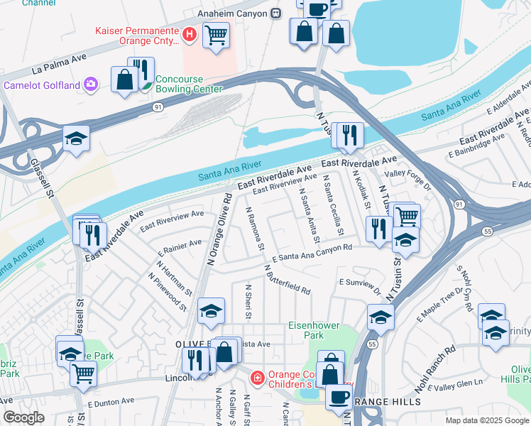 map of restaurants, bars, coffee shops, grocery stores, and more near 1517 East San Alto Avenue in Orange