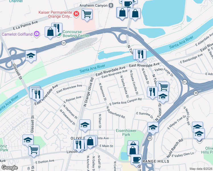 map of restaurants, bars, coffee shops, grocery stores, and more near 1517 East San Alto Avenue in Orange