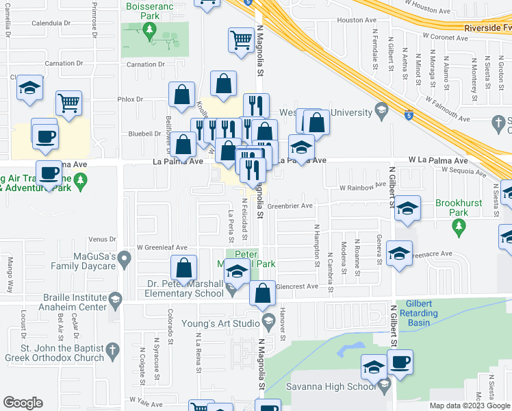 map of restaurants, bars, coffee shops, grocery stores, and more near 931 North Magnolia Avenue in Anaheim
