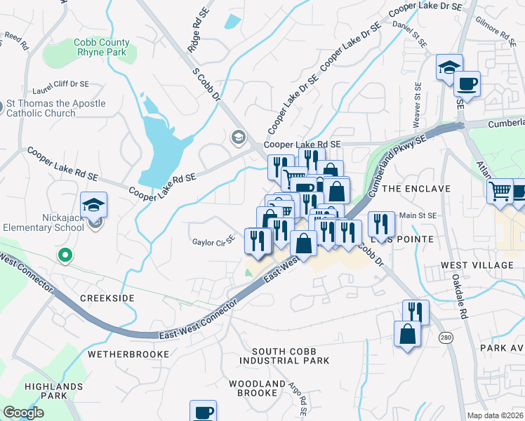 map of restaurants, bars, coffee shops, grocery stores, and more near 1925 Ivy Glen Drive in Smyrna