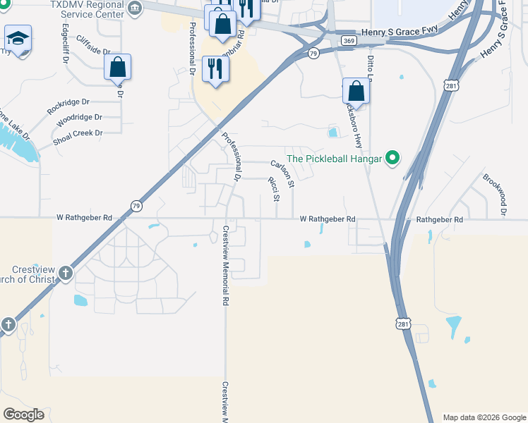 map of restaurants, bars, coffee shops, grocery stores, and more near 14 Evington Court in Wichita Falls