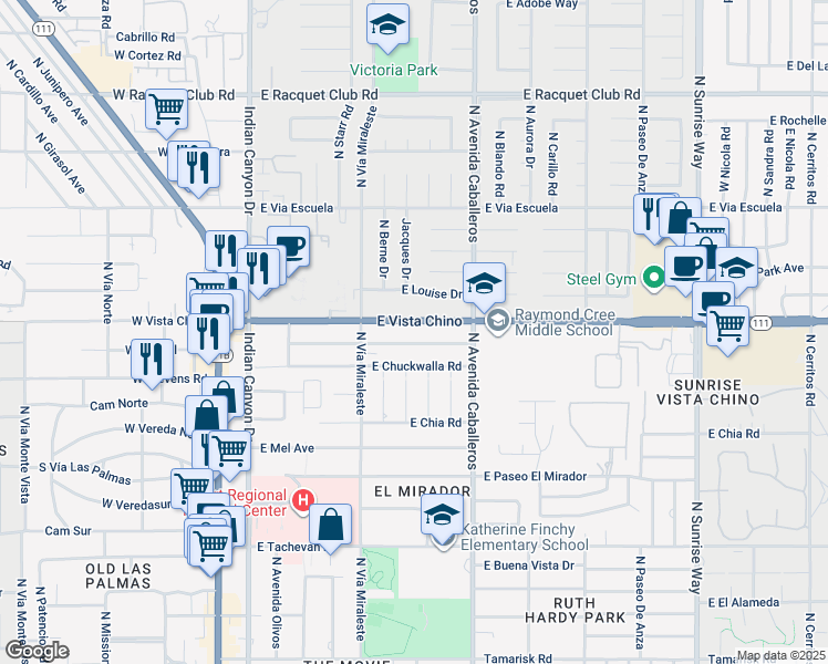 map of restaurants, bars, coffee shops, grocery stores, and more near 733 East Vista Chino in Palm Springs