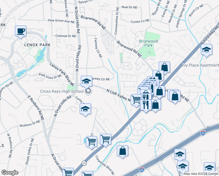 map of restaurants, bars, coffee shops, grocery stores, and more near 1338 North Cliff Valley Way Northeast in Atlanta