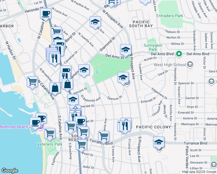 map of restaurants, bars, coffee shops, grocery stores, and more near 231 North Irena Avenue in Redondo Beach