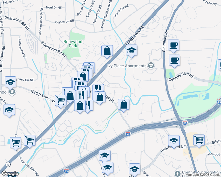 map of restaurants, bars, coffee shops, grocery stores, and more near 1615 Trailview Way Northeast in Atlanta