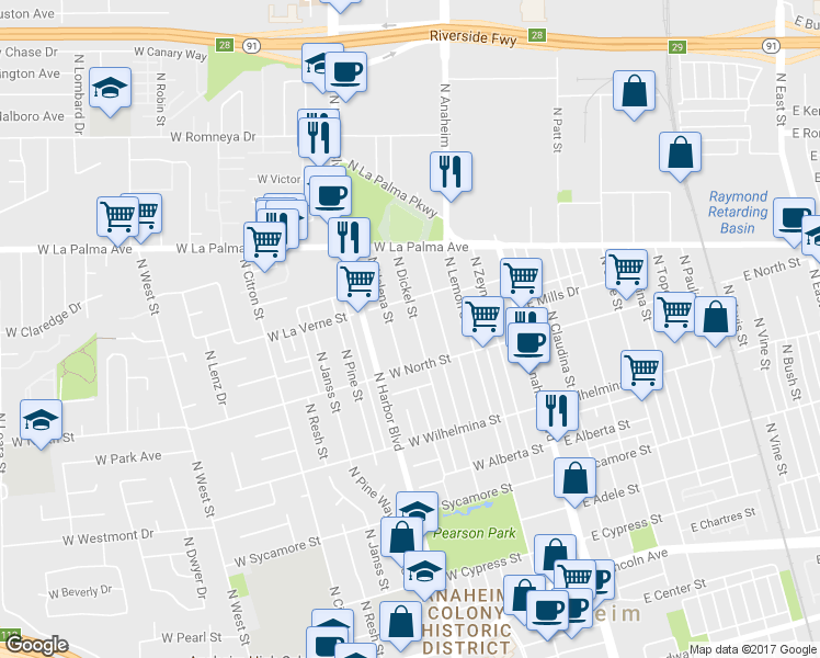 map of restaurants, bars, coffee shops, grocery stores, and more near 833 North Dickel Street in Anaheim