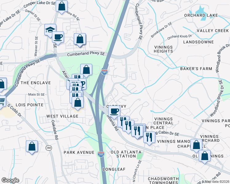 map of restaurants, bars, coffee shops, grocery stores, and more near 4712 Ivy Ridge Drive Southeast in Atlanta