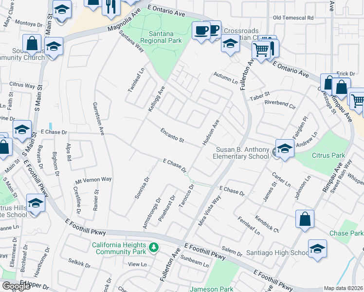 map of restaurants, bars, coffee shops, grocery stores, and more near Encanto Street in Corona