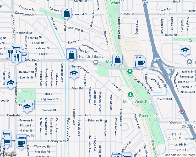 map of restaurants, bars, coffee shops, grocery stores, and more near 6563 Turnergrove Drive in Lakewood