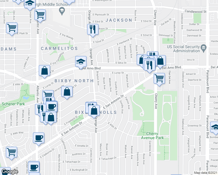 map of restaurants, bars, coffee shops, grocery stores, and more near 4743 Matney Avenue in Long Beach