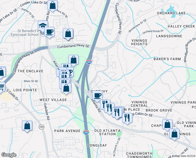 map of restaurants, bars, coffee shops, grocery stores, and more near 4712 Ivy Ridge Drive Southeast in Atlanta