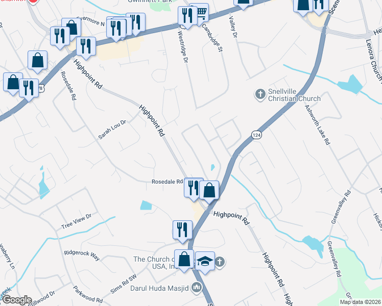 map of restaurants, bars, coffee shops, grocery stores, and more near 2580 Norwich Trace in Snellville