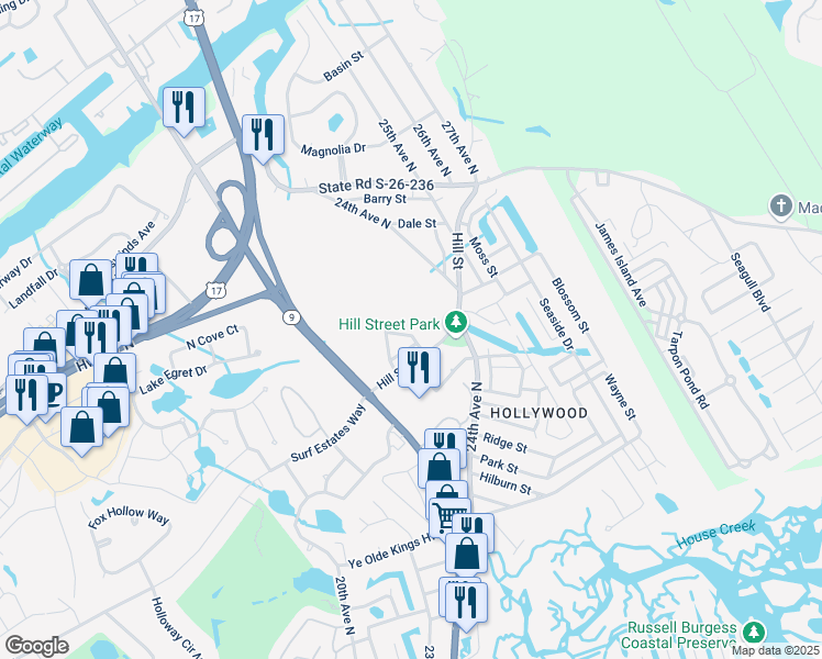map of restaurants, bars, coffee shops, grocery stores, and more near 1304 Planters Grove Lane in North Myrtle Beach