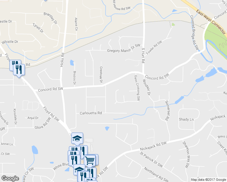 map of restaurants, bars, coffee shops, grocery stores, and more near 4619 Gann Crossing Southwest in Smyrna