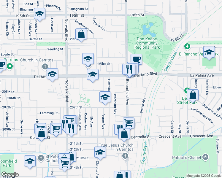 map of restaurants, bars, coffee shops, grocery stores, and more near 20426 Hawaiian Avenue in Lakewood