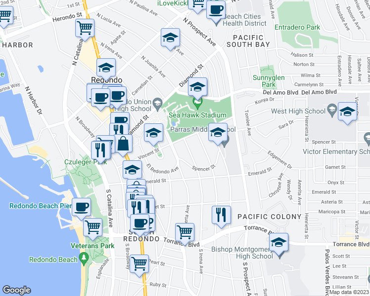 map of restaurants, bars, coffee shops, grocery stores, and more near 231 North Irena Avenue in Redondo Beach