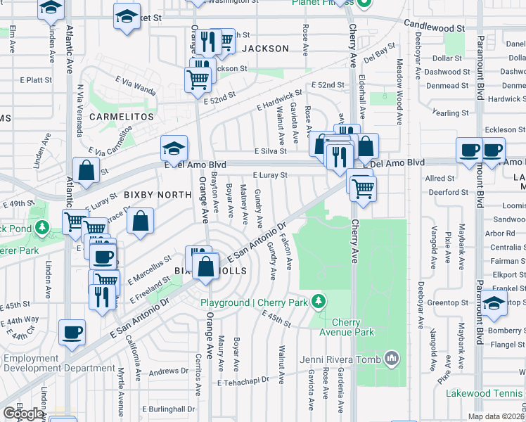 map of restaurants, bars, coffee shops, grocery stores, and more near 4742 Gundry Avenue in Long Beach