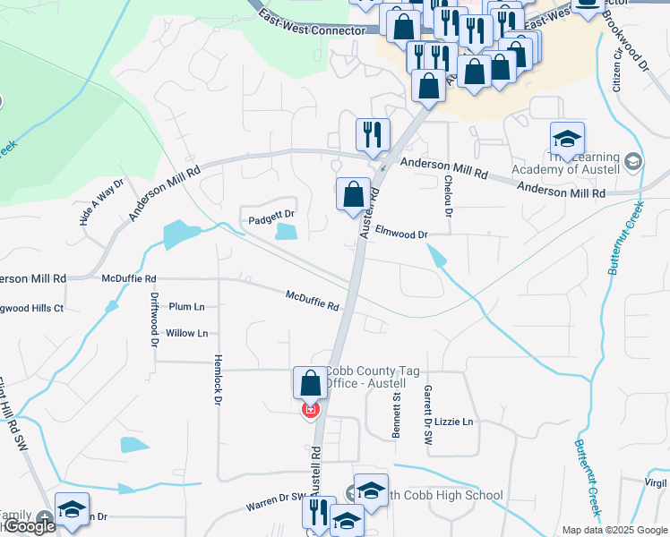 map of restaurants, bars, coffee shops, grocery stores, and more near 1940 Drennon Avenue in Austell