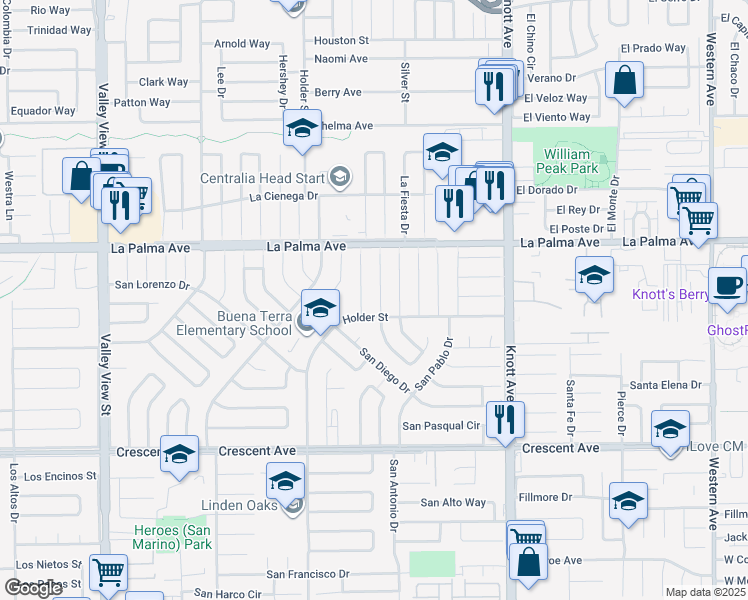 map of restaurants, bars, coffee shops, grocery stores, and more near 8101 San Helice Circle in Buena Park