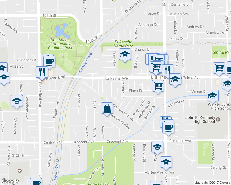 map of restaurants, bars, coffee shops, grocery stores, and more near 8101 Madia Circle in La Palma