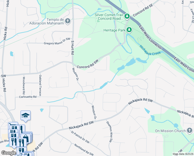 map of restaurants, bars, coffee shops, grocery stores, and more near 4529 Pembroke Drive in Smyrna