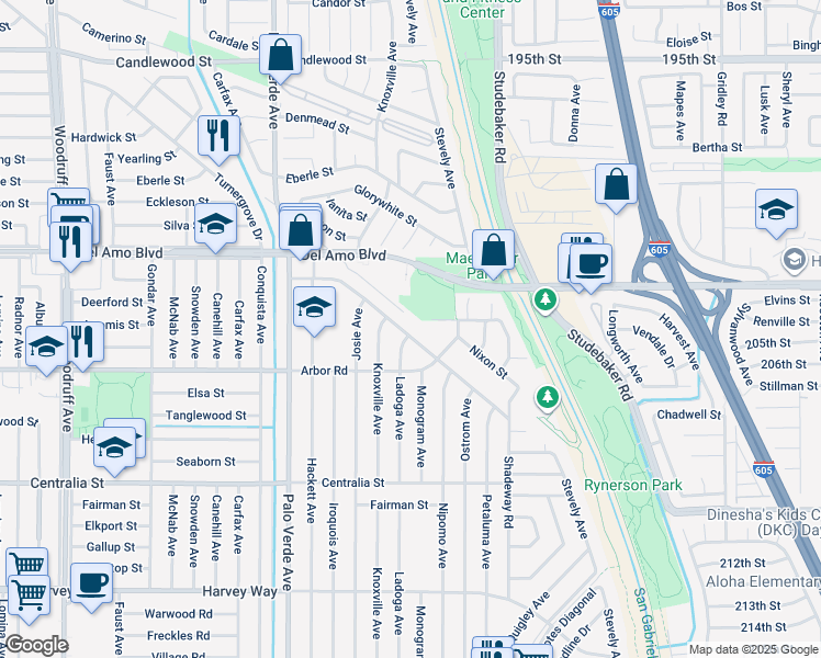 map of restaurants, bars, coffee shops, grocery stores, and more near 6563 Turnergrove Drive in Lakewood
