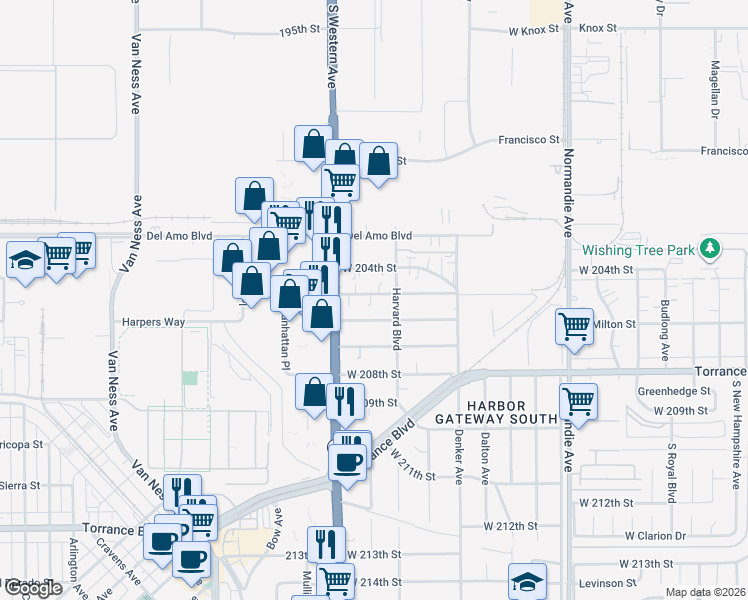 map of restaurants, bars, coffee shops, grocery stores, and more near 1626 West 205th Street in Torrance