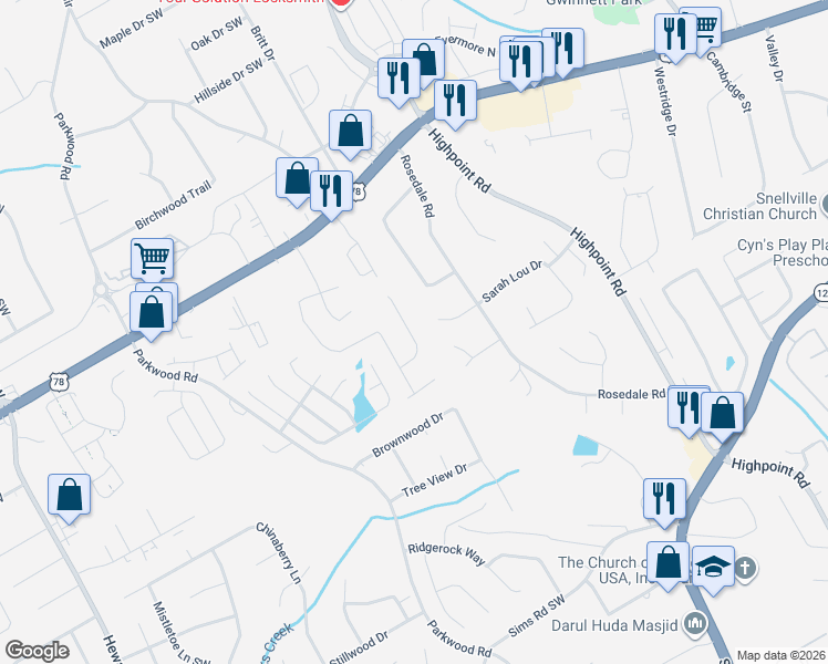map of restaurants, bars, coffee shops, grocery stores, and more near 2295 Boone Court in Snellville