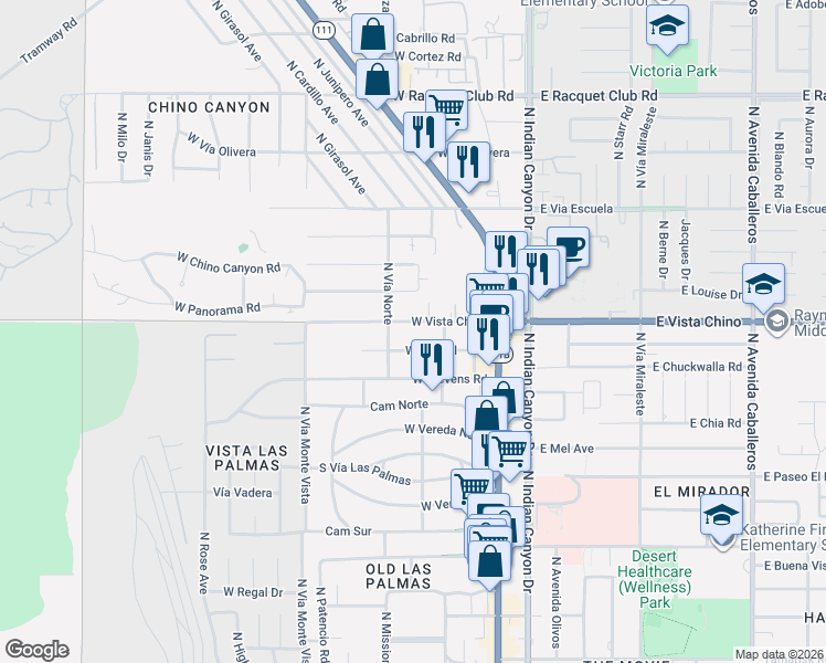 map of restaurants, bars, coffee shops, grocery stores, and more near 345 West Vista Chino in Palm Springs
