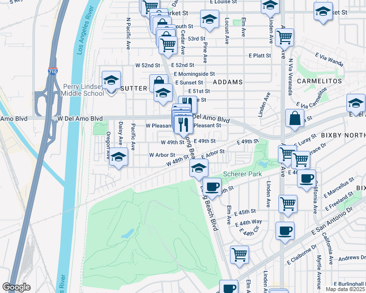 map of restaurants, bars, coffee shops, grocery stores, and more near 36 West 49th Street in Long Beach