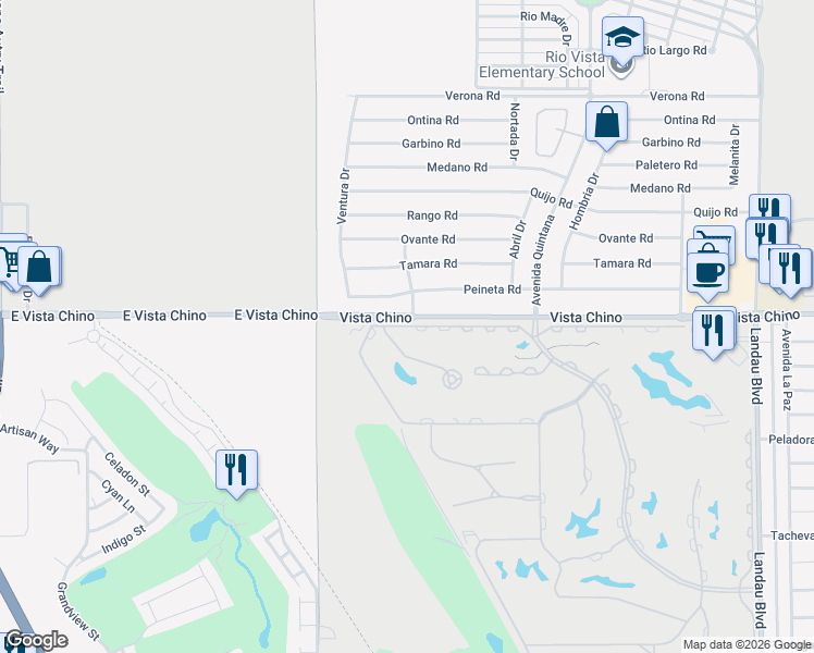 map of restaurants, bars, coffee shops, grocery stores, and more near 67207 North Chimayo Drive in Cathedral City