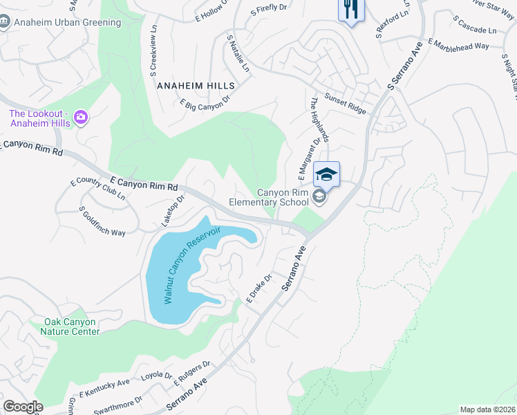 map of restaurants, bars, coffee shops, grocery stores, and more near 960 South Jay Circle in Anaheim
