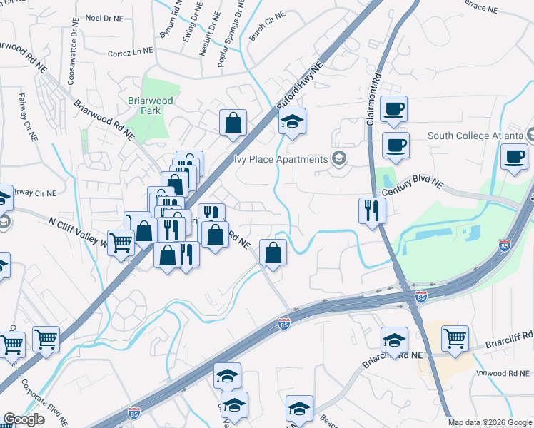 map of restaurants, bars, coffee shops, grocery stores, and more near 1633 Trailview Way Northeast in Atlanta