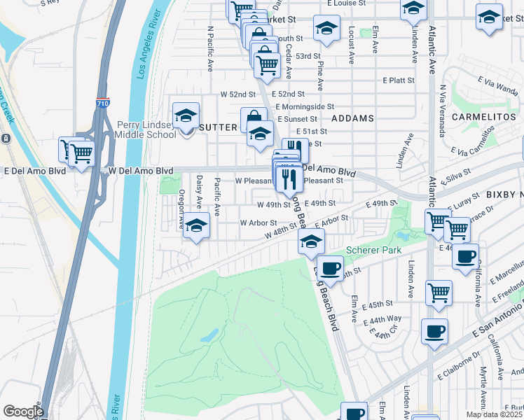 map of restaurants, bars, coffee shops, grocery stores, and more near 66 West 49th Street in Long Beach