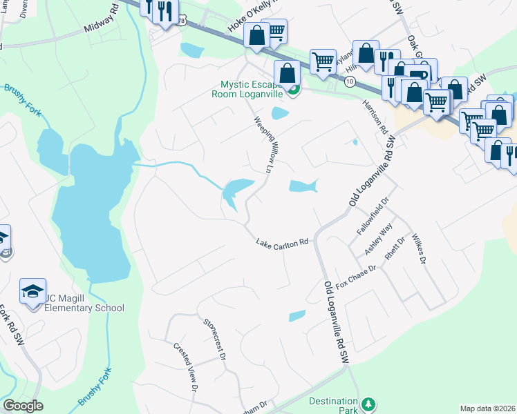 map of restaurants, bars, coffee shops, grocery stores, and more near 3919 Sugar Tree Lane in Loganville