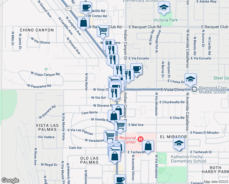 map of restaurants, bars, coffee shops, grocery stores, and more near 1595 North Palm Canyon Drive in Palm Springs