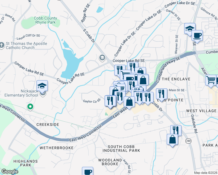 map of restaurants, bars, coffee shops, grocery stores, and more near 1925 Ivy Glen Drive in Smyrna