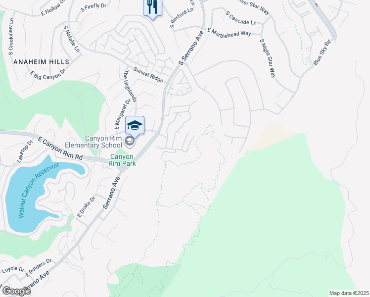 map of restaurants, bars, coffee shops, grocery stores, and more near 1089 South Daybreak Court in Anaheim